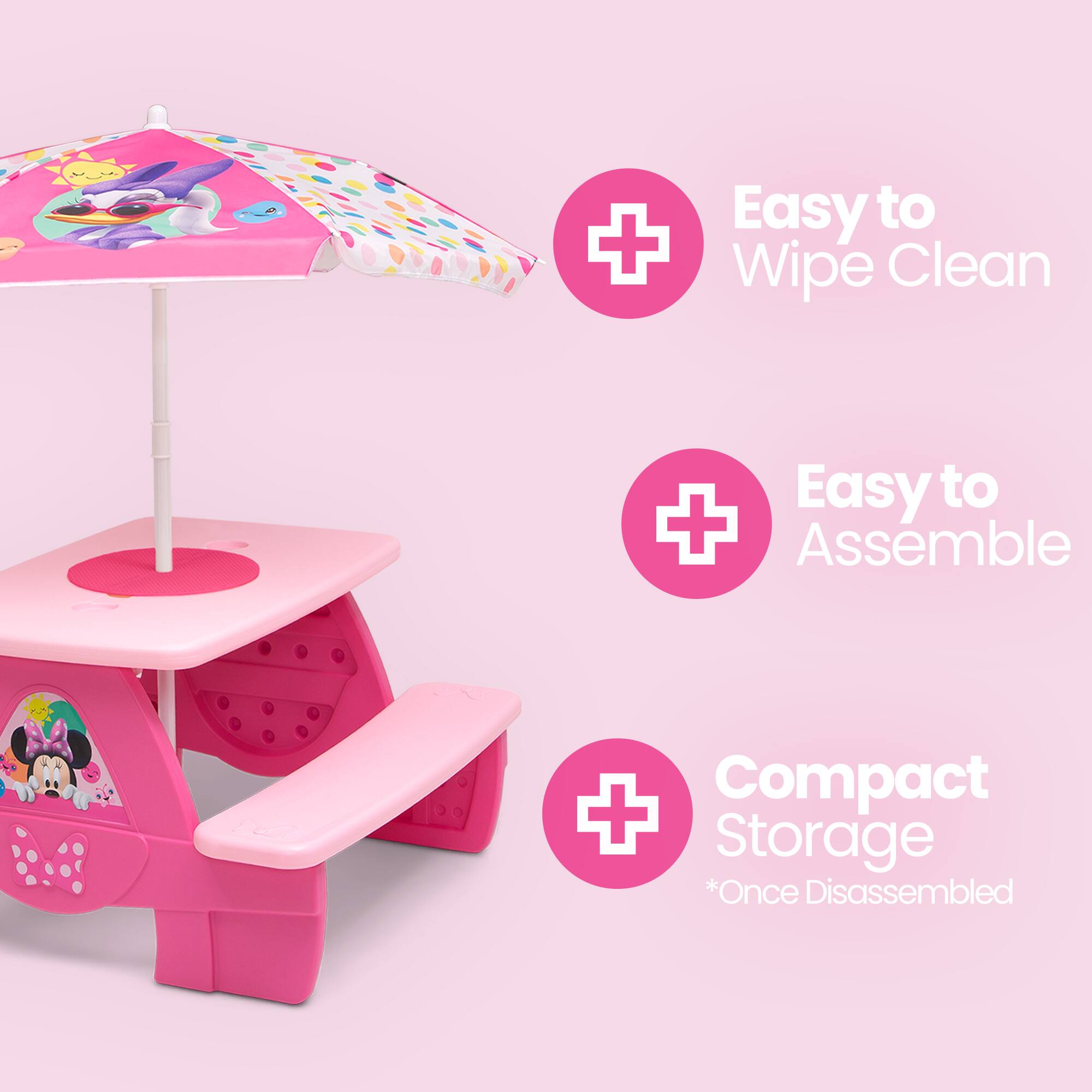 Disney® Minnie Mouse 4 Seat Activity Picnic Table with Umbrella & LEGO Compatible Tabletop